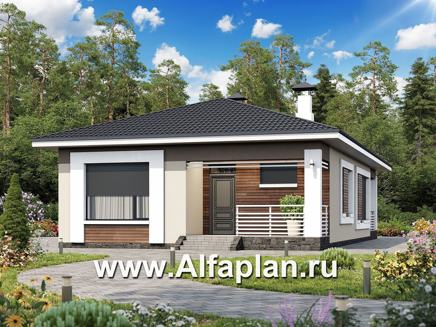 Проекты домов Альфаплан - «Каллиопа» - проект одноэтажного дома из кирпича для узкого участка с двумя спальнями - дополнительное изображение №1