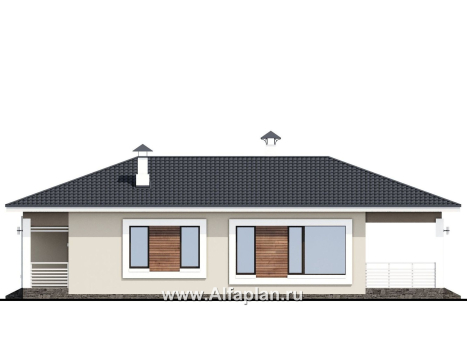 «Каллиопа» - проект одноэтажного дома для узкого участка, 2 спальни, с террасой, в современном стиле - превью фасада дома