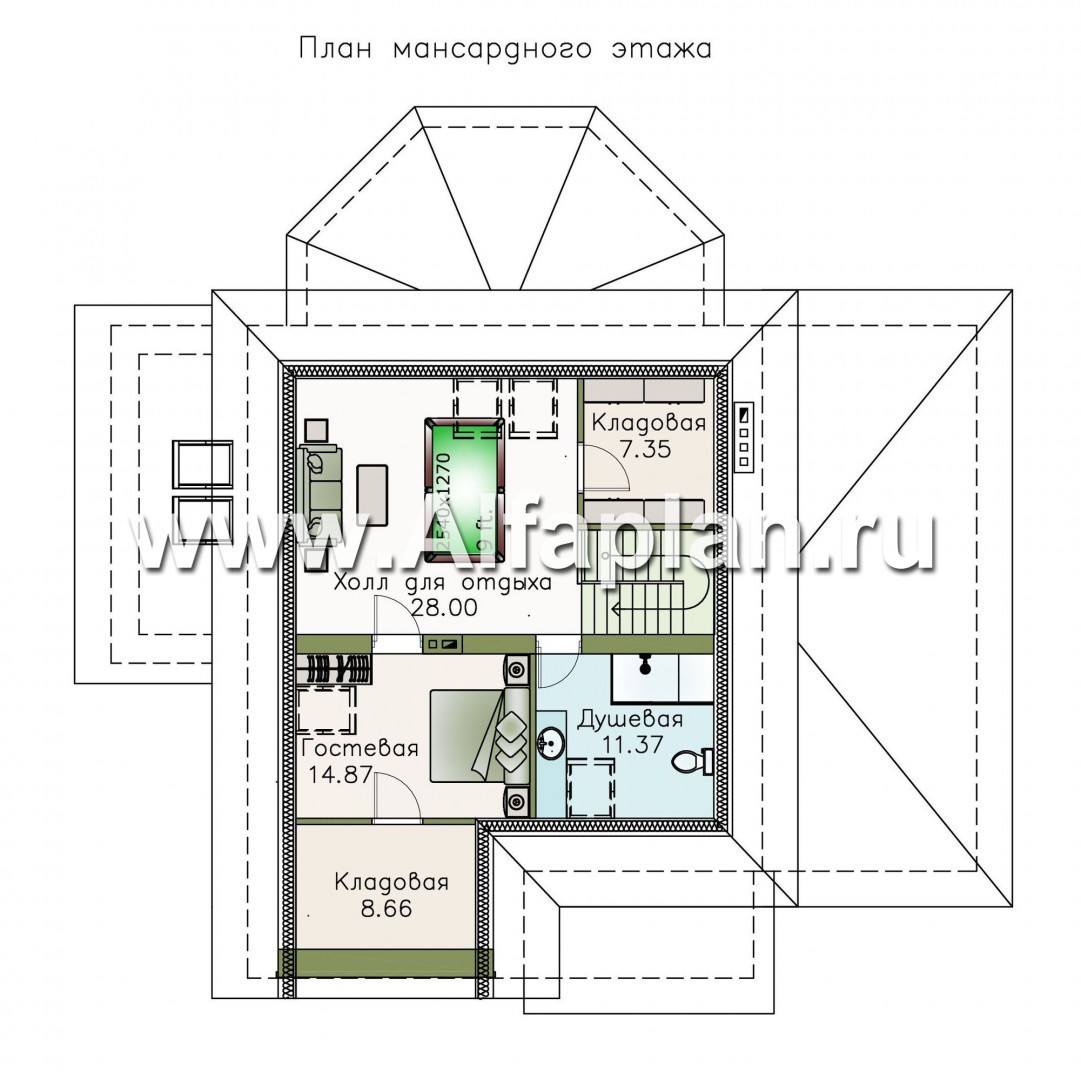 «Фабула» - проект двухэтажного дома с бильярдной в мансарде, с террасой и гаражом - план дома