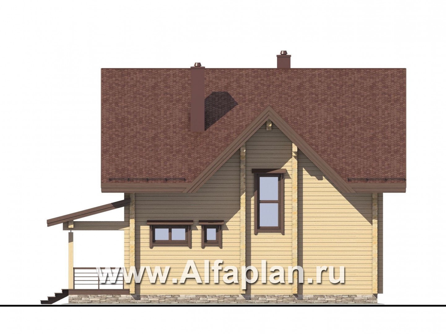 Проект двухэтажного дома из бруса, планировка с кабинетом и с эркером, терраса со стороны входа - фасад дома