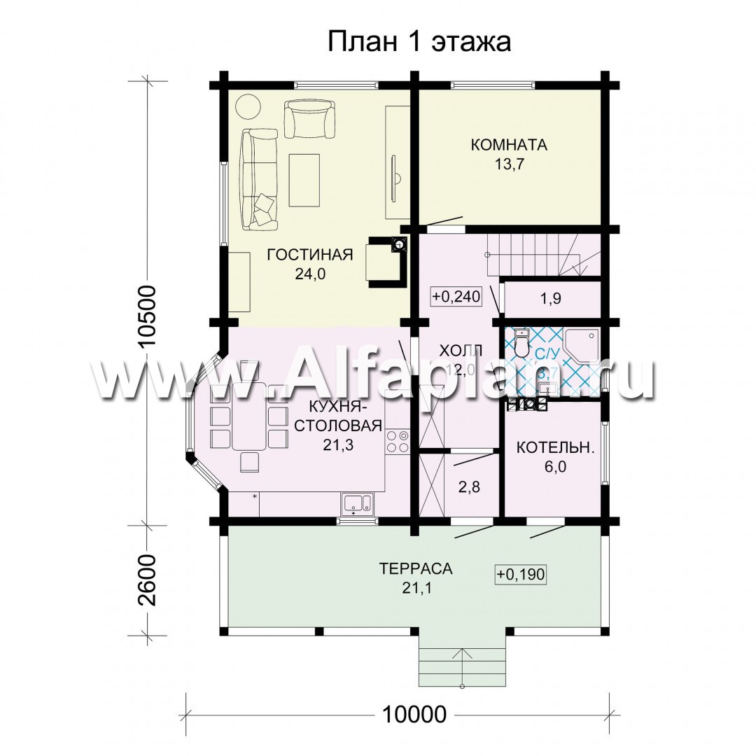 Проект двухэтажного дома из бруса, планировка с кабинетом и с эркером, терраса со стороны входа - план дома