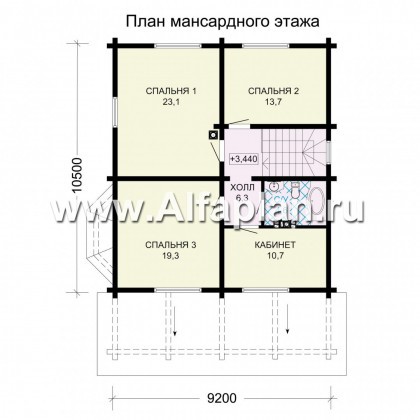 Проект двухэтажного дома из бруса, планировка с кабинетом и с эркером, терраса со стороны входа - превью план дома