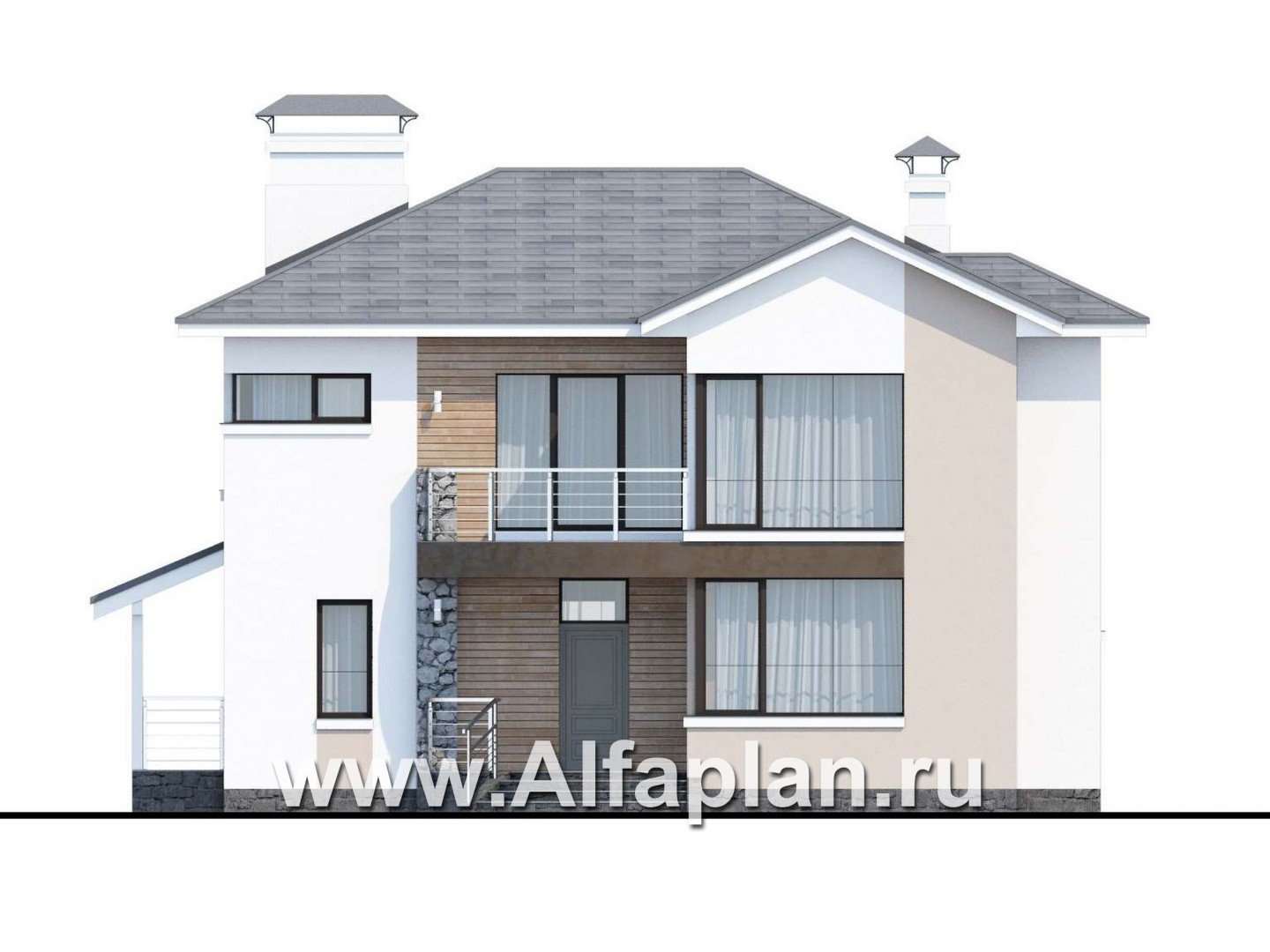 Проекты домов Альфаплан - «Платина» - проект двухэтажного дома, с террасой и с балконом, в современном стиле Акварель - изображение фасада №1
