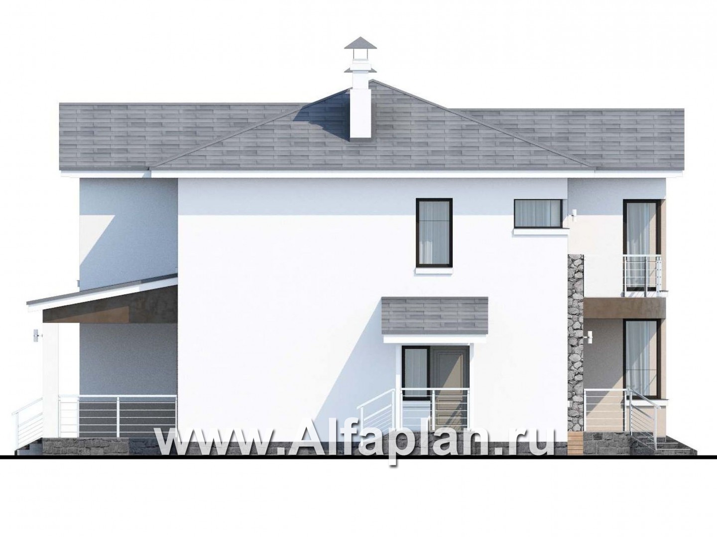 Проекты домов Альфаплан - «Платина» - проект двухэтажного дома, с террасой и с балконом, в современном стиле Акварель - изображение фасада №3