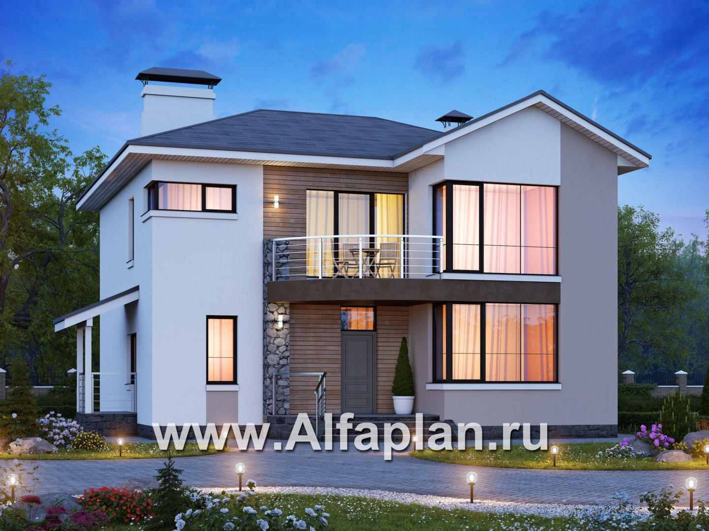 Проекты домов Альфаплан - «Платина» - проект двухэтажного дома, с террасой и с балконом, в современном стиле Акварель - основное изображение
