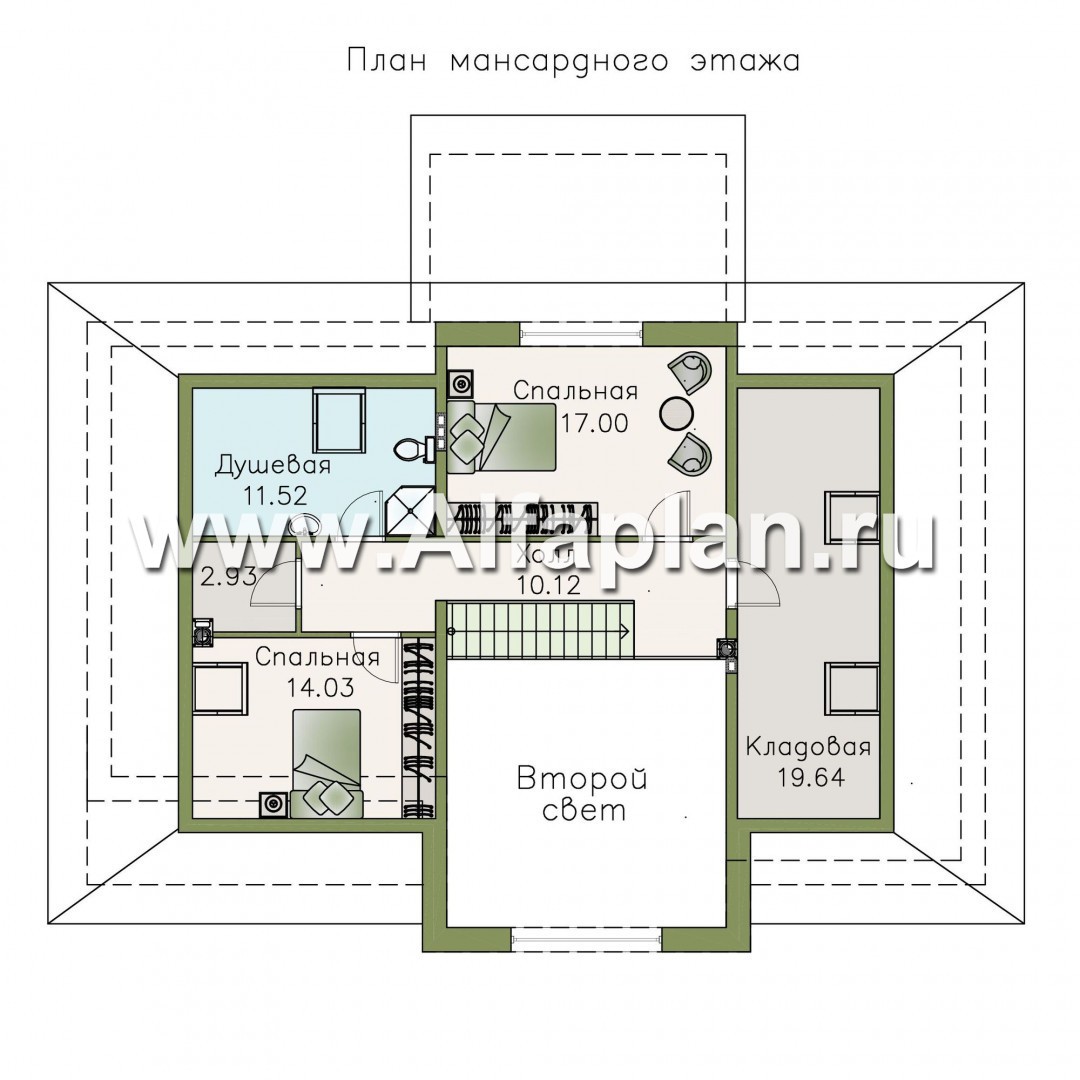 Проекты домов Альфаплан - «Волга» - коттедж с тремя жилыми комнатами на 1 этаже и с жилой мансардой - изображение плана проекта №2