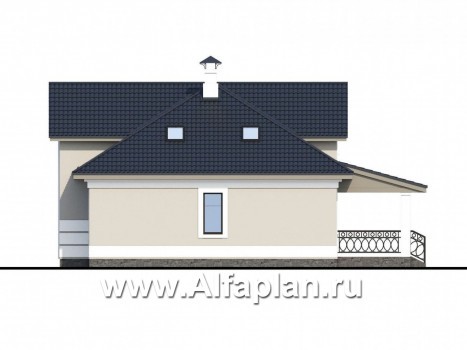 Проекты домов Альфаплан - «Волга» - проект дома с мансардой, из газобетона, с террасой, планировка с тремя жилыми комнатами на 1 этаже и вторым светом - превью фасада №2