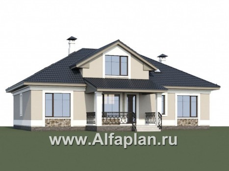Проекты домов Альфаплан - «Волга» - проект дома с мансардой, из газобетона, с террасой, планировка с тремя жилыми комнатами на 1 этаже и вторым светом - превью дополнительного изображения №1