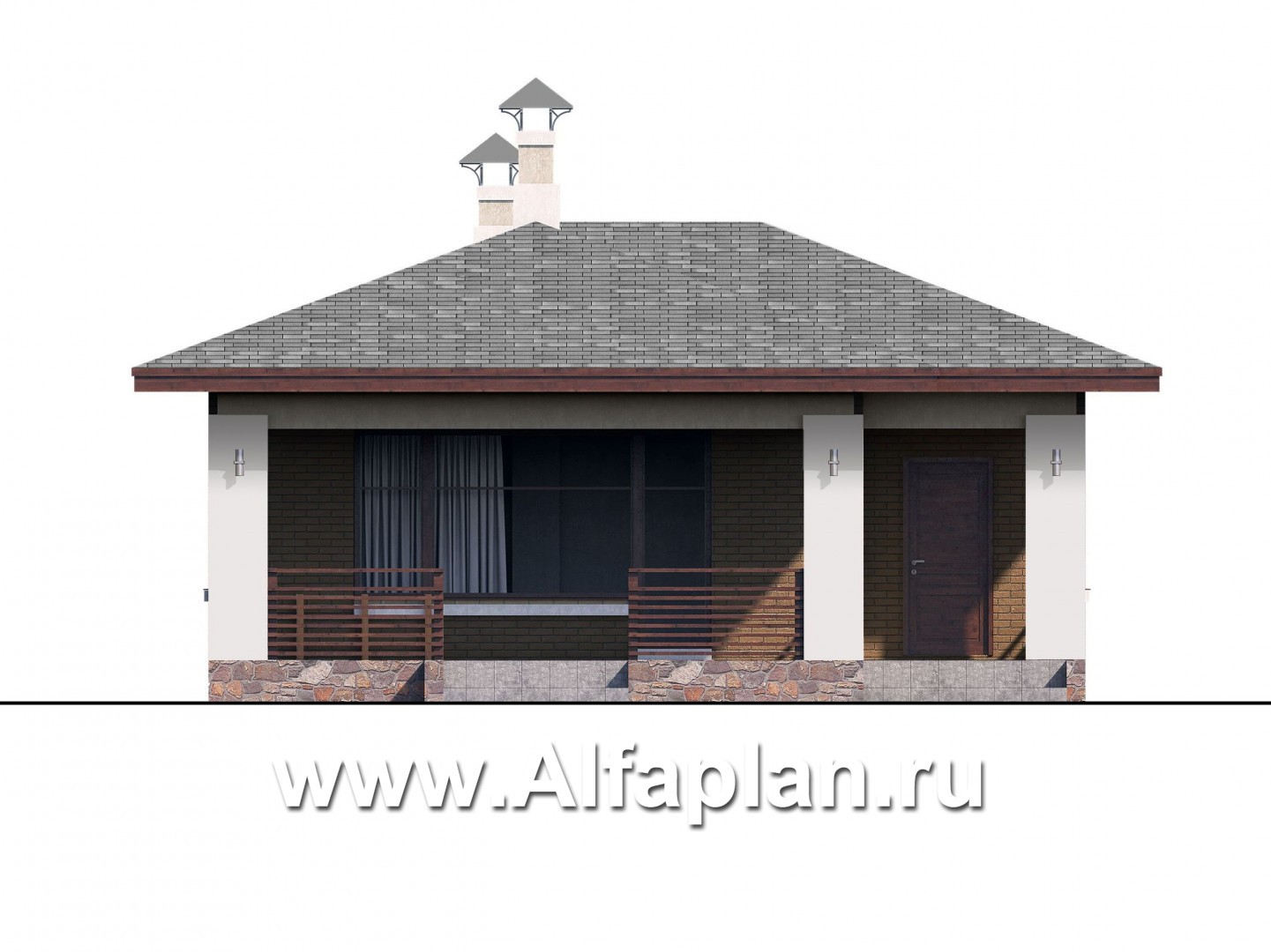 Проект бани, планировка с небольшим бассейном и террасой - фасад дома