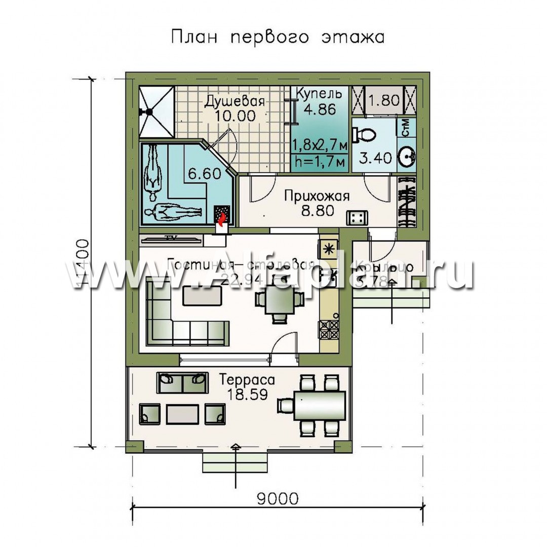 Проект бани, планировка с небольшим бассейном и террасой - план дома