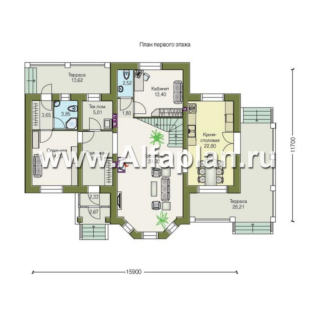 «Клио» -  проект дома с мансардой, с эркером и с террасой, с гостевой квартирой - план дома