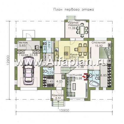 Проекты домов Альфаплан - «Простоквашино» - небольшой дом с мансардным вторым этажом и гаражом - превью плана проекта №1