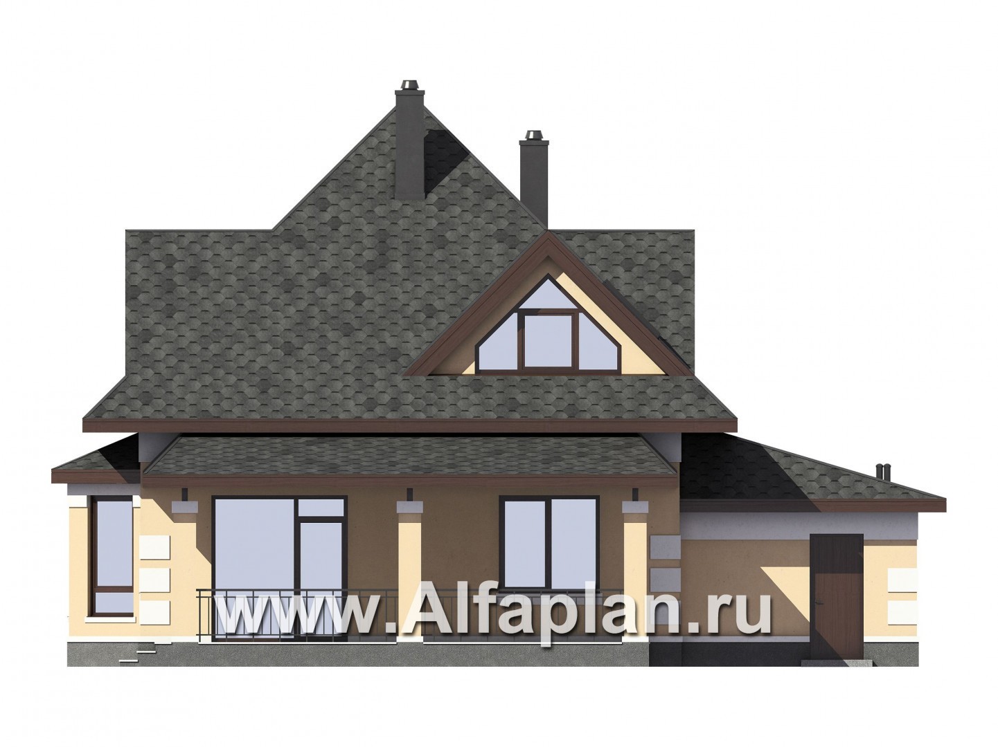 Проект дома с мансардой, 3 спальни, открытая планировка с камином и эркером, гостевая комната на 1 эт и гараж на 1 авто - фасад дома