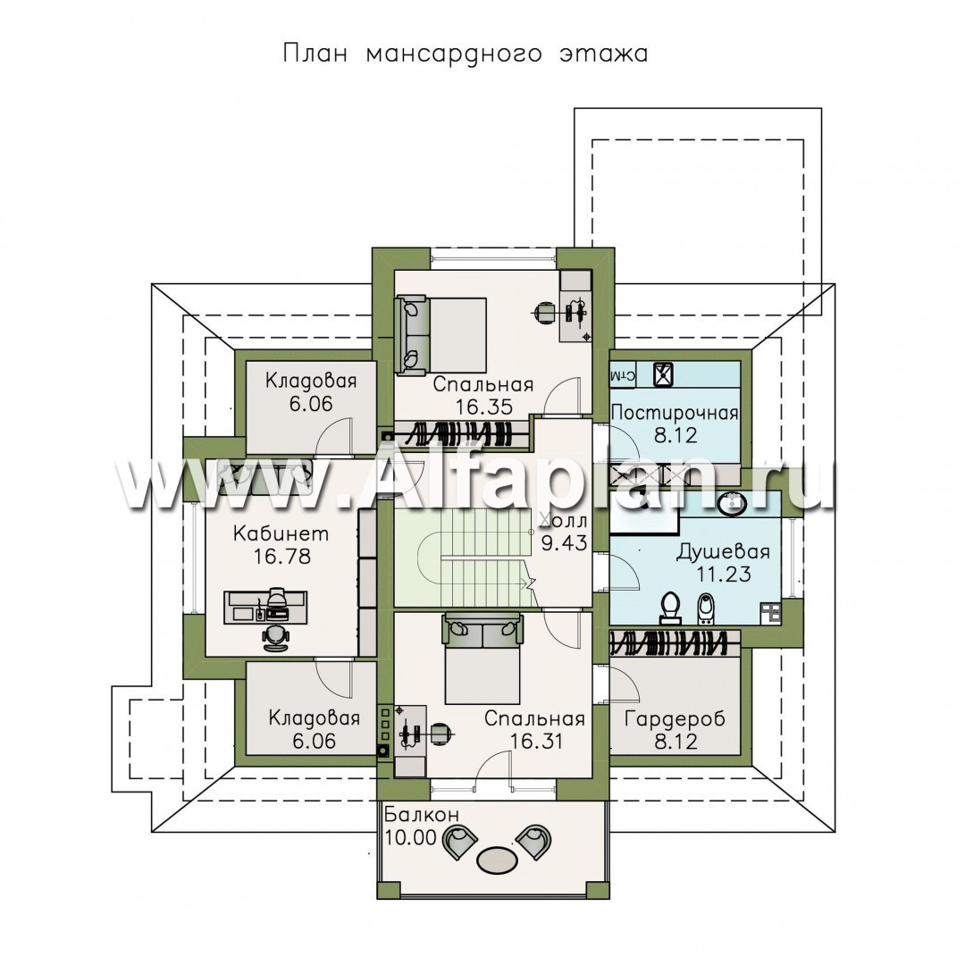 «Кластер Персея» - проект дома с мансардой, с террасой, планировка с двумя жилыми комнатами на 1 эт - план дома