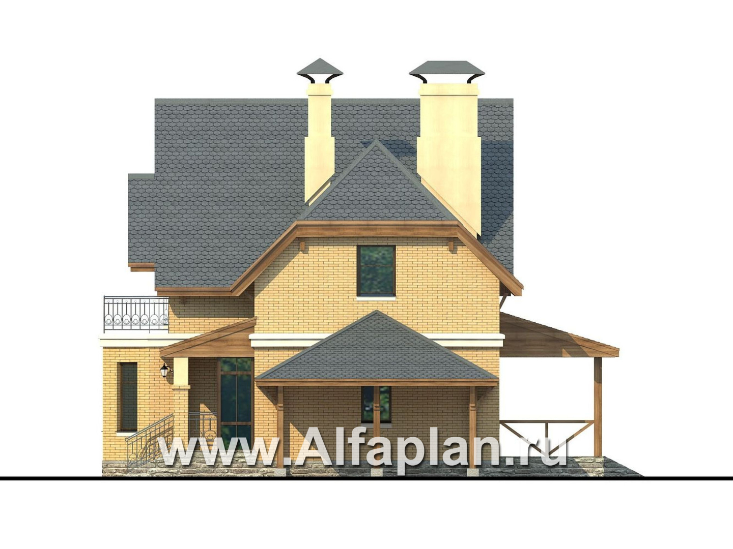 Проекты домов Альфаплан - Проект двухэтажного дома из газобетона «Шевалье», с эркером, с террасой и балконом - изображение фасада №2