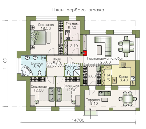 «Вуокса» - проект одноэтажного дома из кирпича, с комфортной планировкой, с террасой со стороны входа - превью план дома