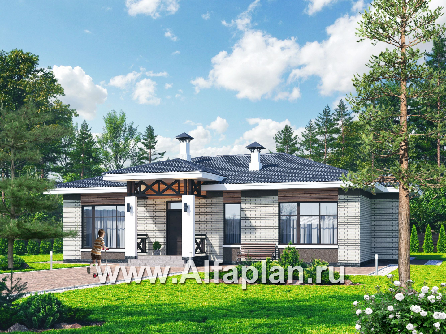 «Чара» - красивый дом, проект одноэтажного коттеджа из газобетона, 4 спальни, с террасой - основное изображение