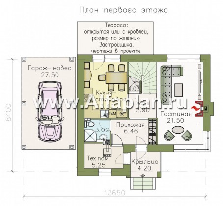 «Карат» - проект простого двухэтажного дома из газобетона, с навесом на 1 авто, в современном стиле - превью план дома