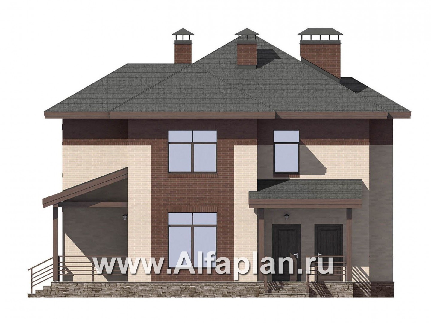 Проекты домов Альфаплан - Проект двухэтажного дома, с террасой, планировка 5 спален, в современном стиле - изображение фасада №1
