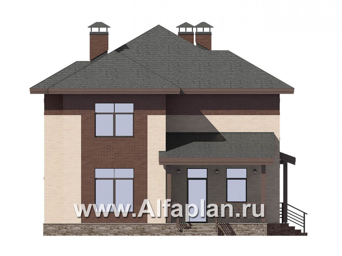 Проекты домов Альфаплан - Проект двухэтажного дома, с террасой, планировка 5 спален, в современном стиле - изображение фасада №2