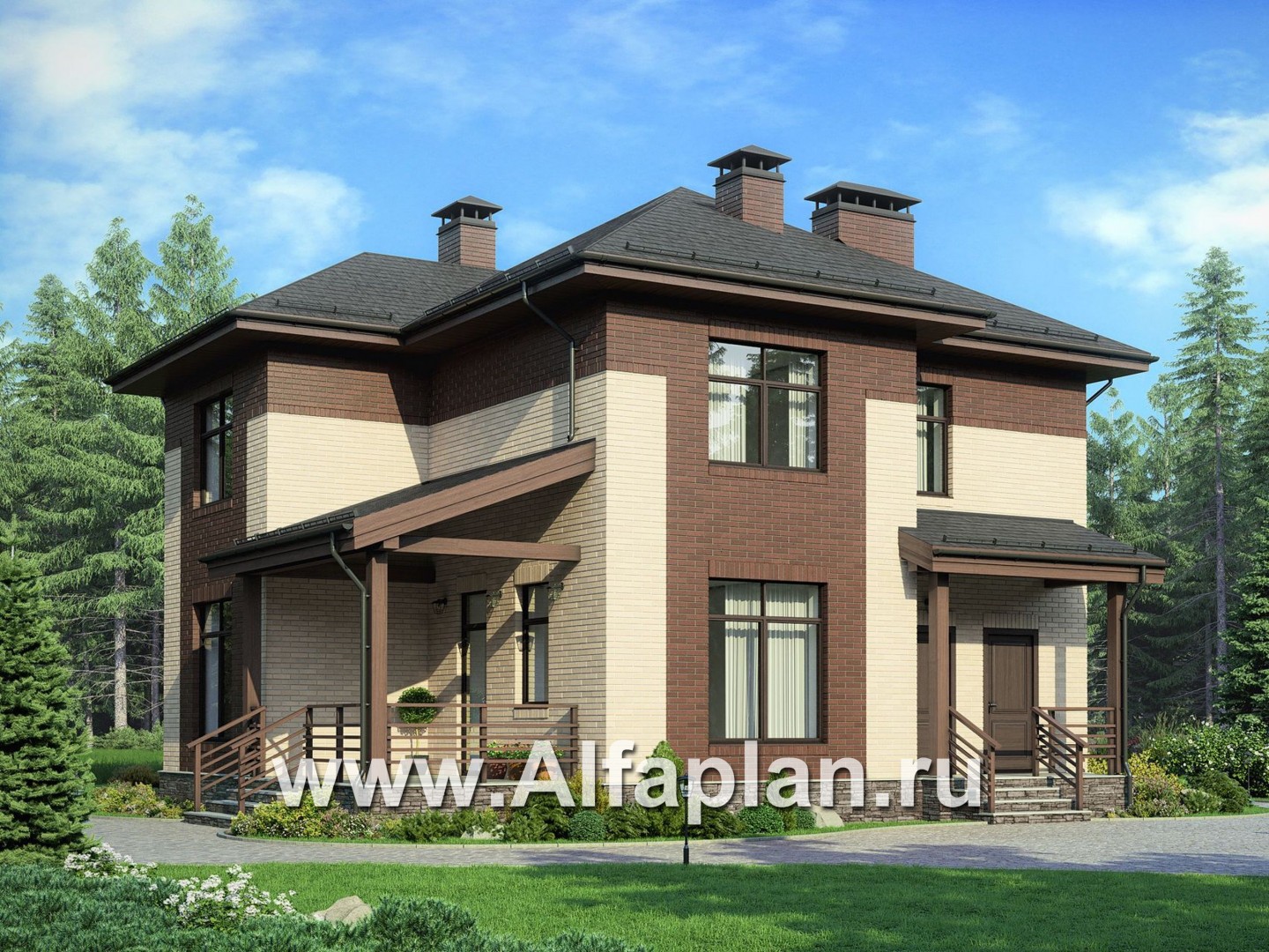 Проекты домов Альфаплан - Проект двухэтажного дома, с террасой, планировка 5 спален, в современном стиле - основное изображение