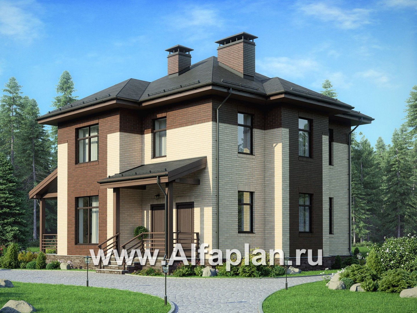 Проекты домов Альфаплан - Проект двухэтажного дома, с террасой, планировка 5 спален, в современном стиле - дополнительное изображение №1
