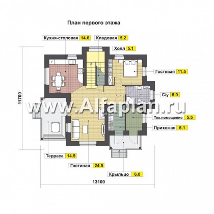 Проекты домов Альфаплан - Проект двухэтажного дома, с террасой, планировка 5 спален, в современном стиле - превью плана проекта №1