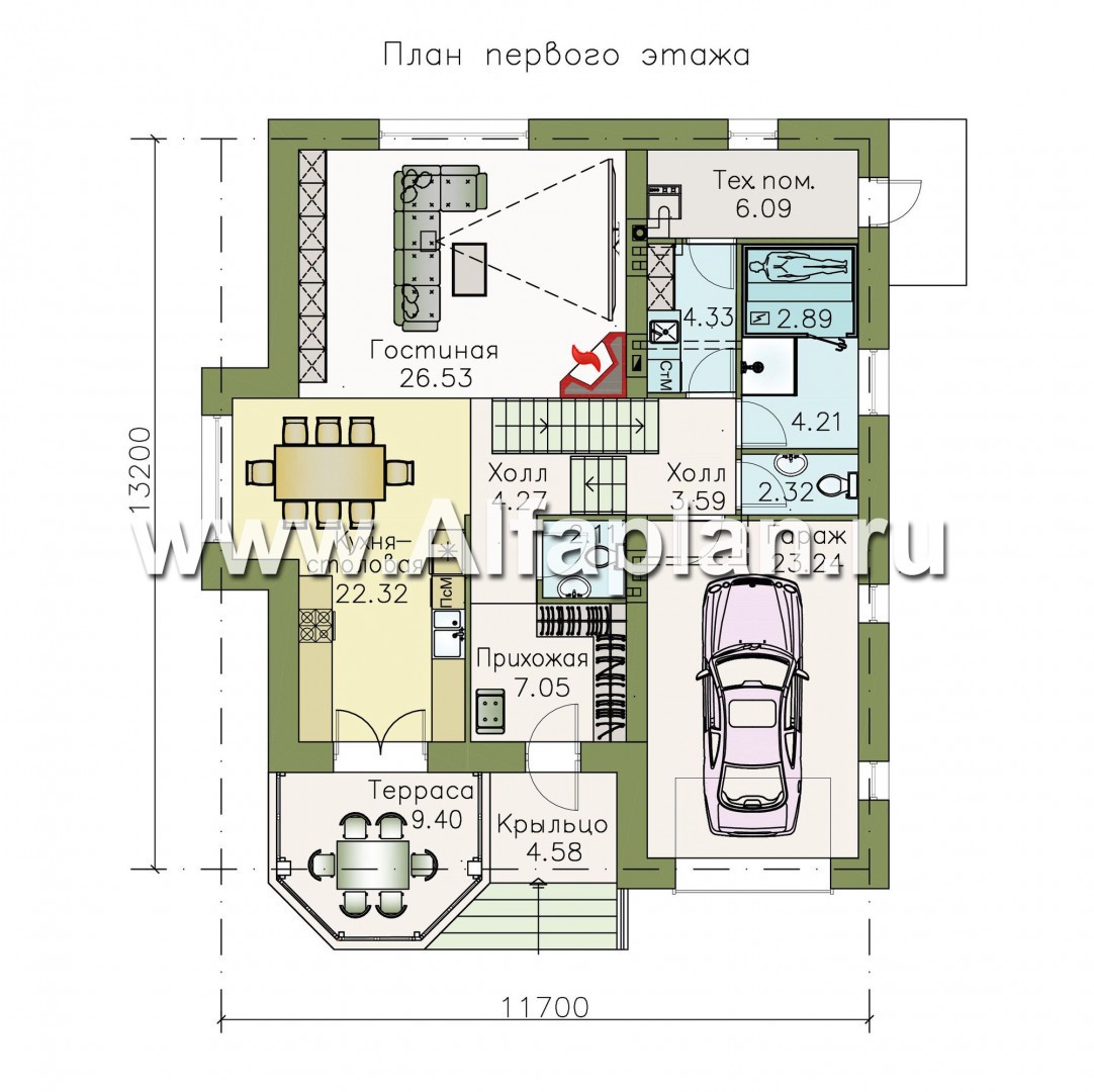 Проекты домов Альфаплан - «Корона» - коттедж с гаражом и красивым эркером - план проекта №1