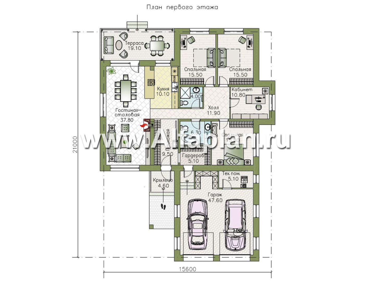 «Чара» - красивый дом, проект одноэтажногокоттеджа из газобетона, 4 спальни, с террасой и гаражом на 2 авто - план дома