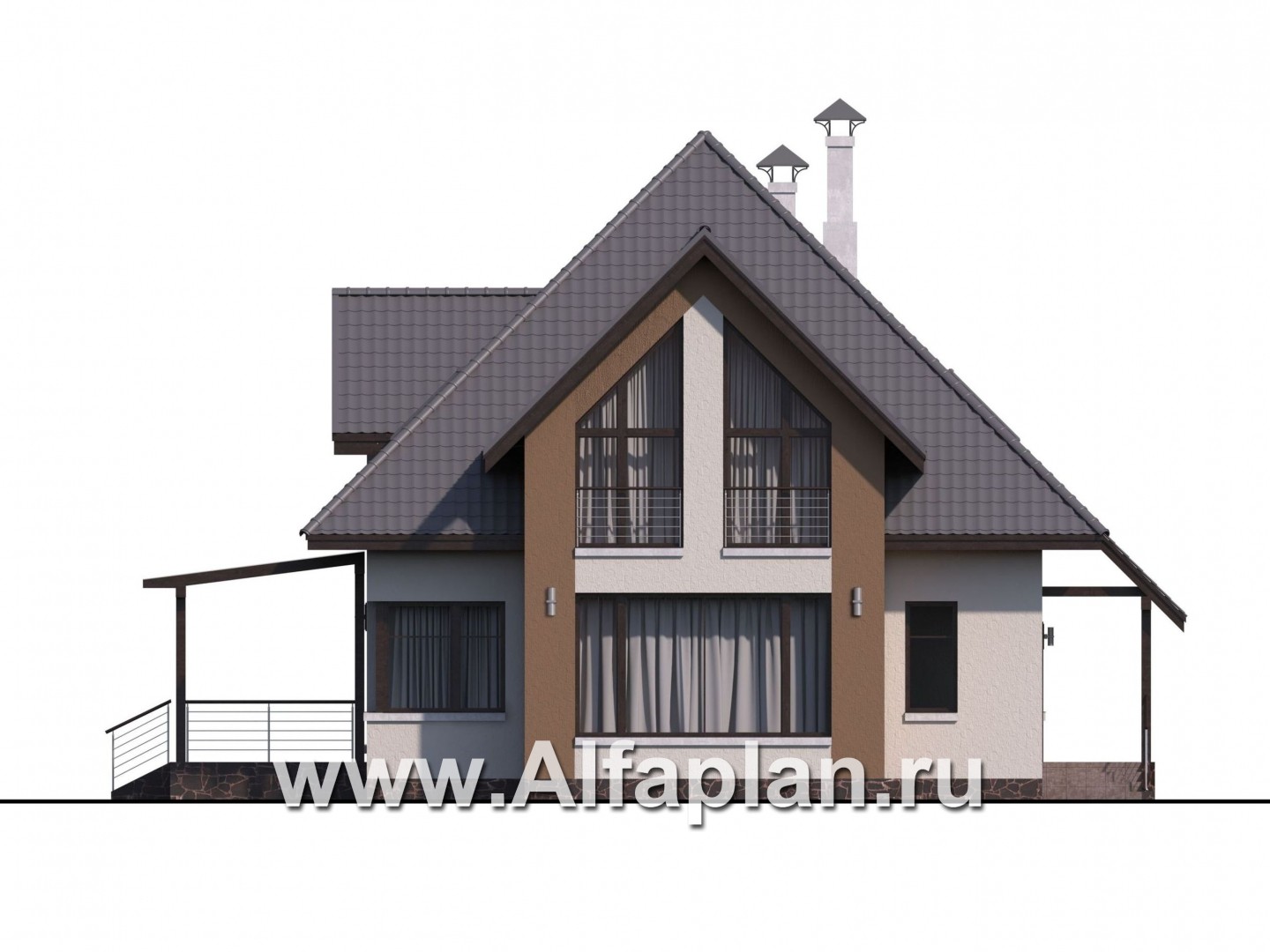 Проекты домов Альфаплан - «Гемма»  - проект дома с мансардой из газобетона, с сауной и с террасой, современный стиль - изображение фасада №1