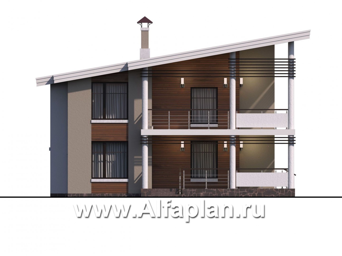 Проекты домов Альфаплан - «Квантум» - проект двухэтажного дома с угловой террасой, с односкатной крышей, в стиле хай-тек - изображение фасада №1