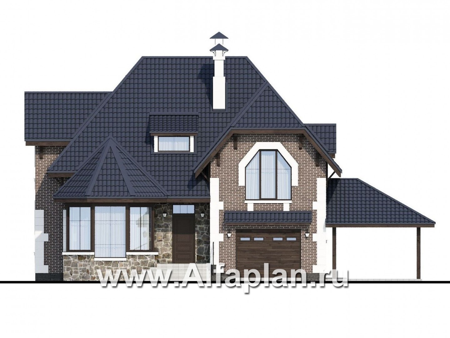 Проекты домов Альфаплан - «Корона» - коттедж с гаражом, навесом и красивым эркером - изображение фасада №1