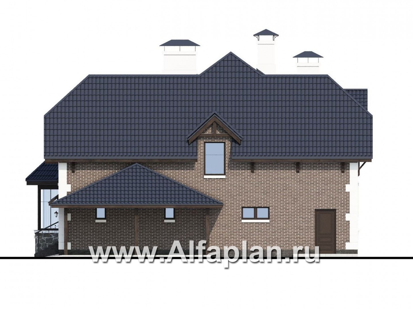 Проекты домов Альфаплан - «Корона» - коттедж с гаражом, навесом и красивым эркером - изображение фасада №2