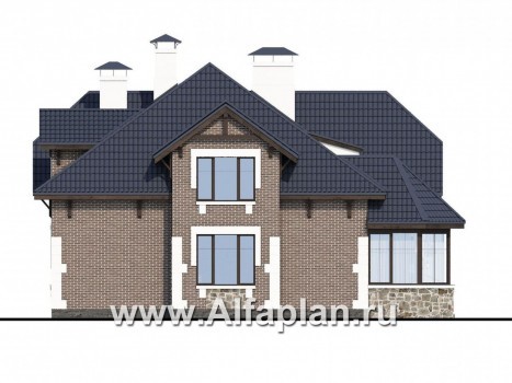 Проекты домов Альфаплан - «Корона» - коттедж с гаражом, навесом и красивым эркером - превью фасада №3