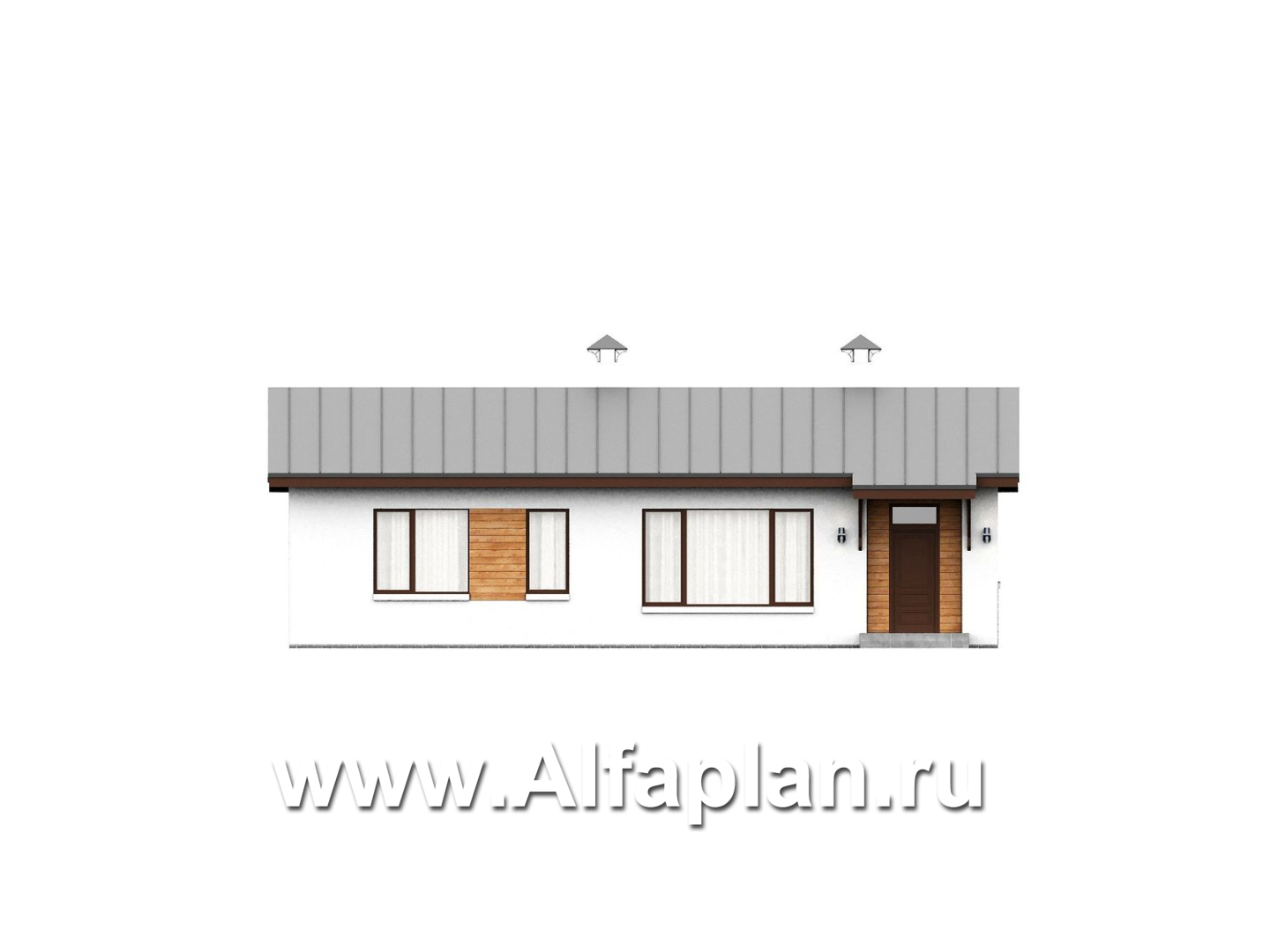 «Прозрачность» - проект простого одноэтажного дома из газоблоков, планировка 2 спальни, гостиная с окнами с двух сторон, с террасой - фасад дома