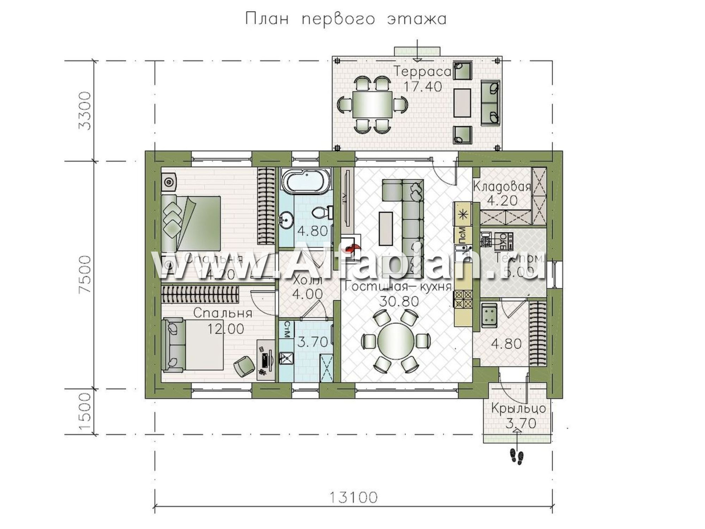 «Прозрачность» - проект простого одноэтажного дома из газоблоков, планировка 2 спальни, гостиная с окнами с двух сторон, с террасой - план дома