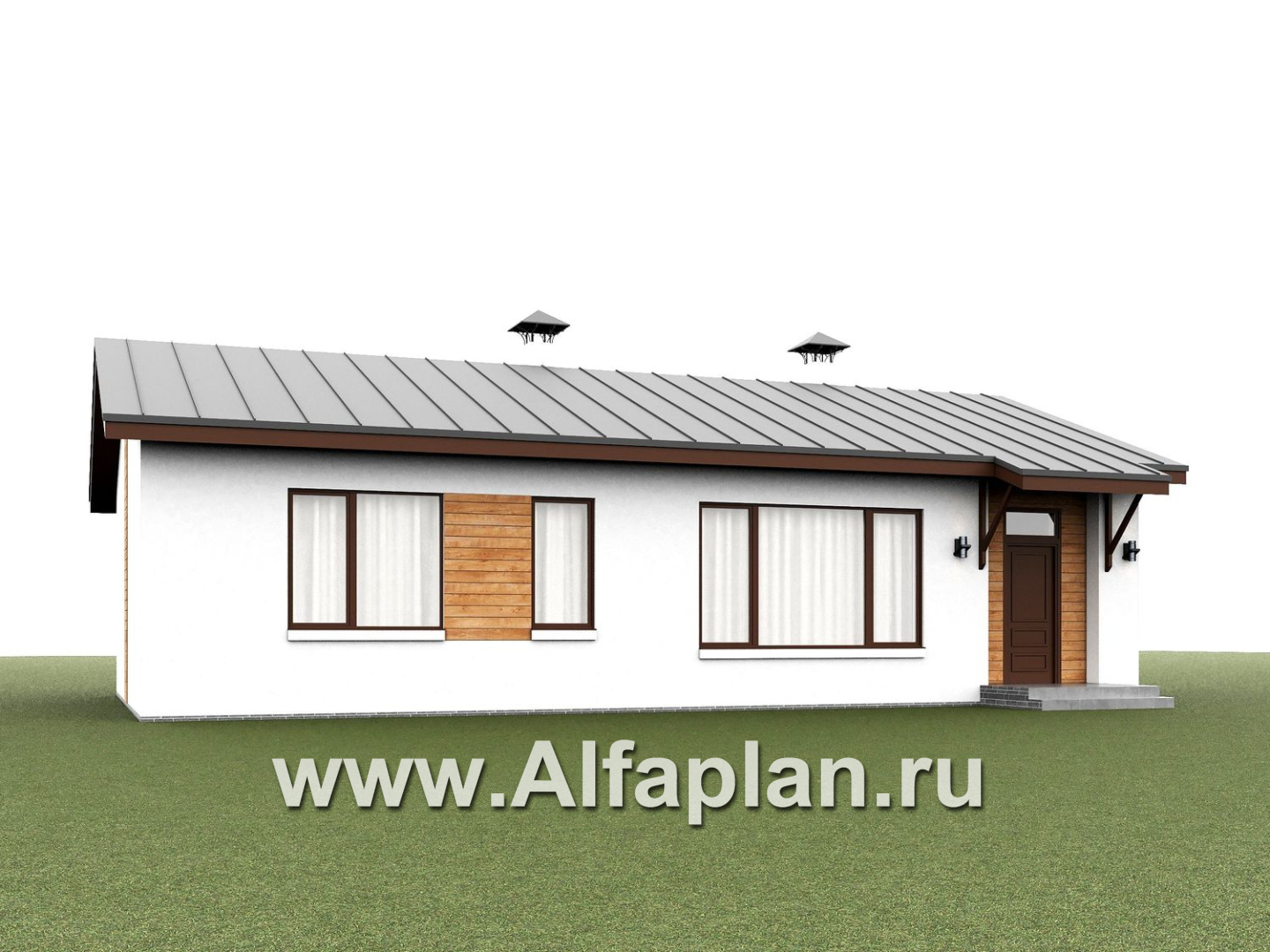 «Прозрачность» - проект простого одноэтажного дома из газоблоков, планировка 2 спальни, гостиная с окнами с двух сторон, с террасой - дизайн дома №1