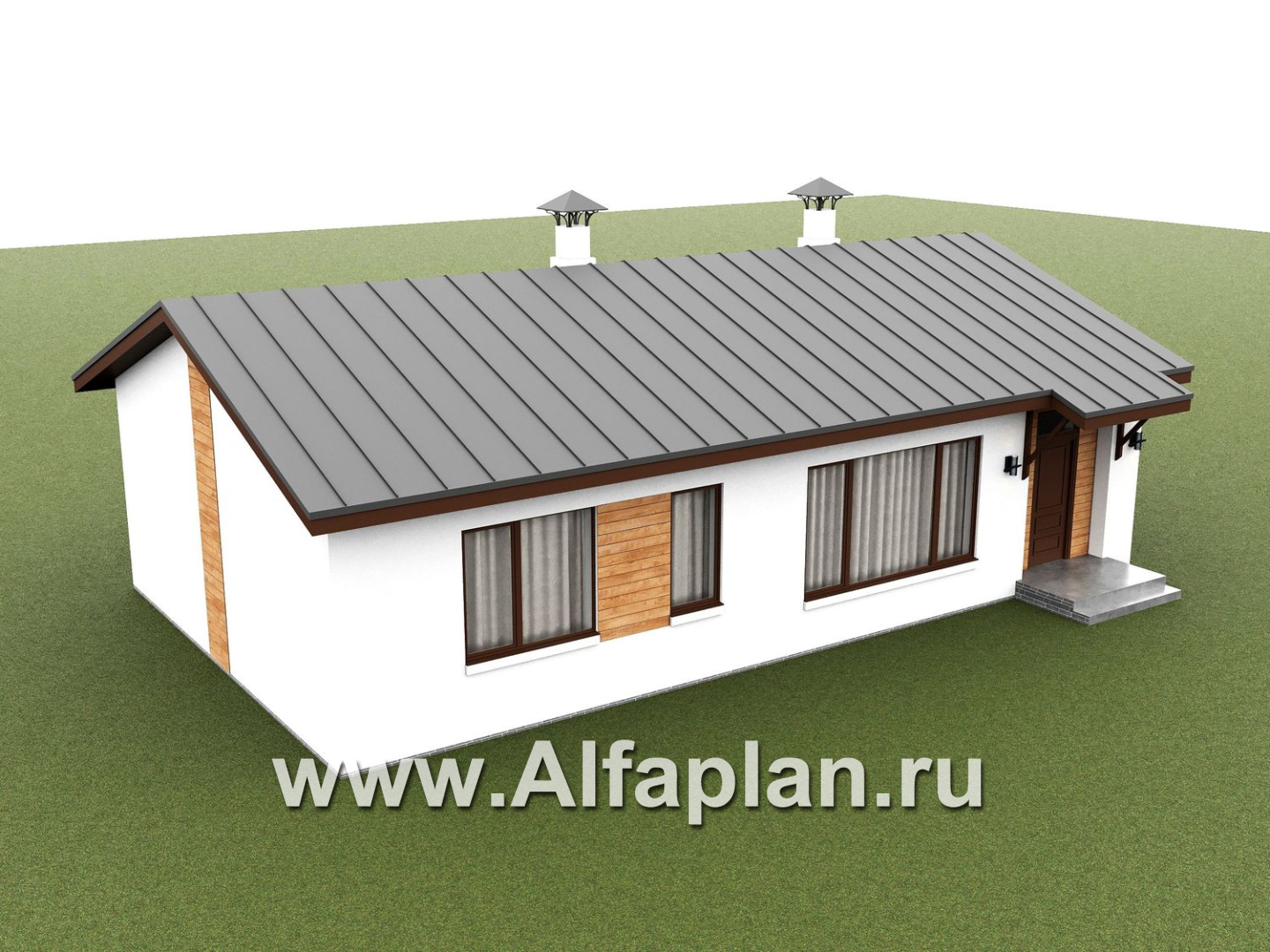 «Прозрачность» - проект простого одноэтажного дома из газоблоков, планировка 2 спальни, гостиная с окнами с двух сторон, с террасой - дизайн дома №2