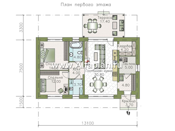 «Прозрачность» - проект простого одноэтажного дома из газоблоков, планировка 2 спальни, гостиная с окнами с двух сторон, с террасой - превью план дома