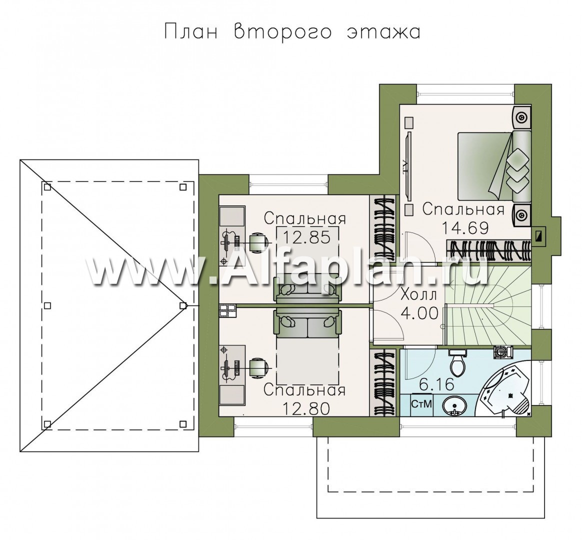 «Панорама» - проект простого двухэтажного дома из газобетона, с навесом на 1 авто, в современном стиле - план дома