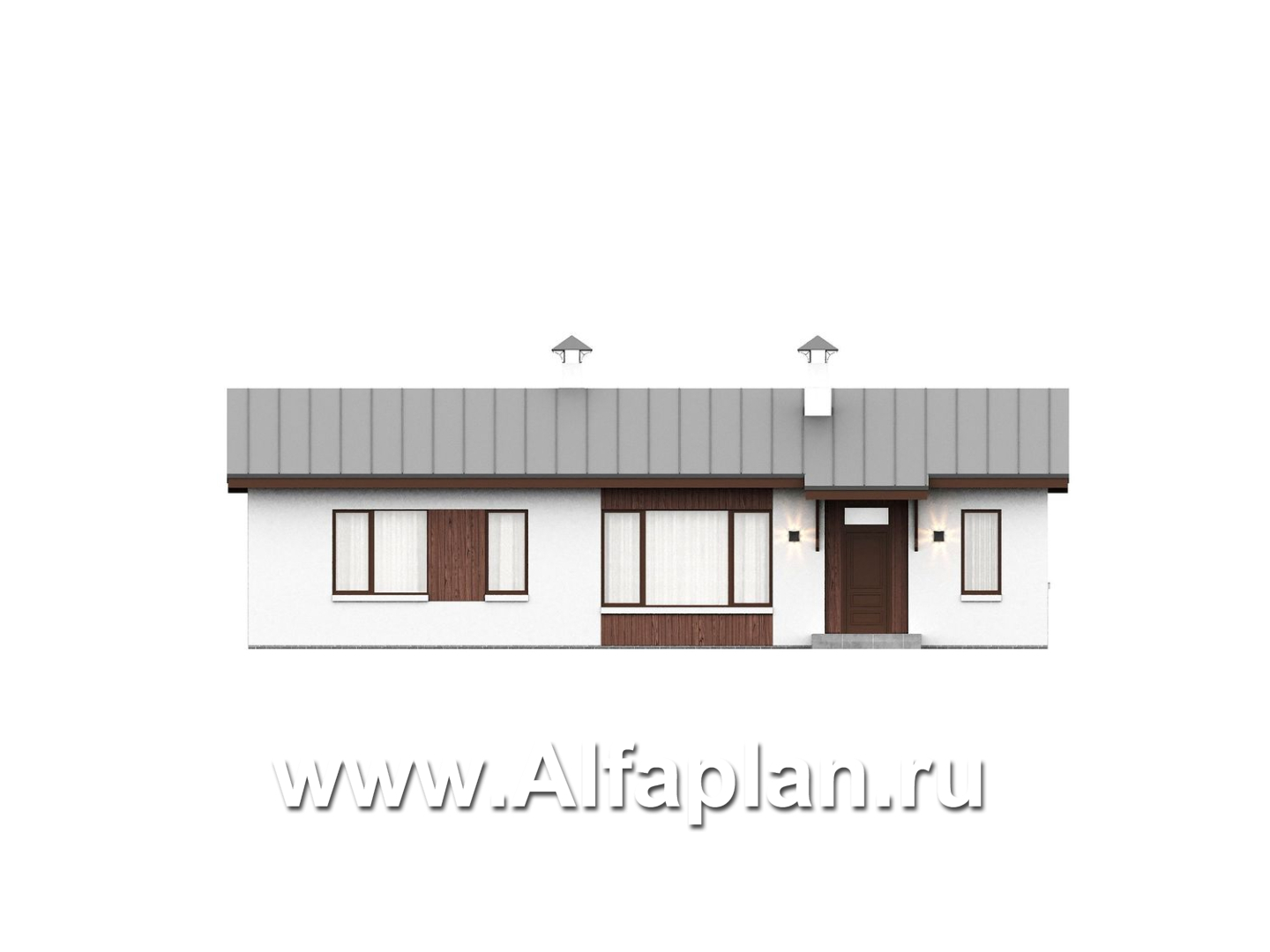 «Прозрачность» - проект простого одноэтажного дома из газоблоков, планировка 2 спальни и кабинет, гостиная с окнами с двух сторон, с террасой - фасад дома