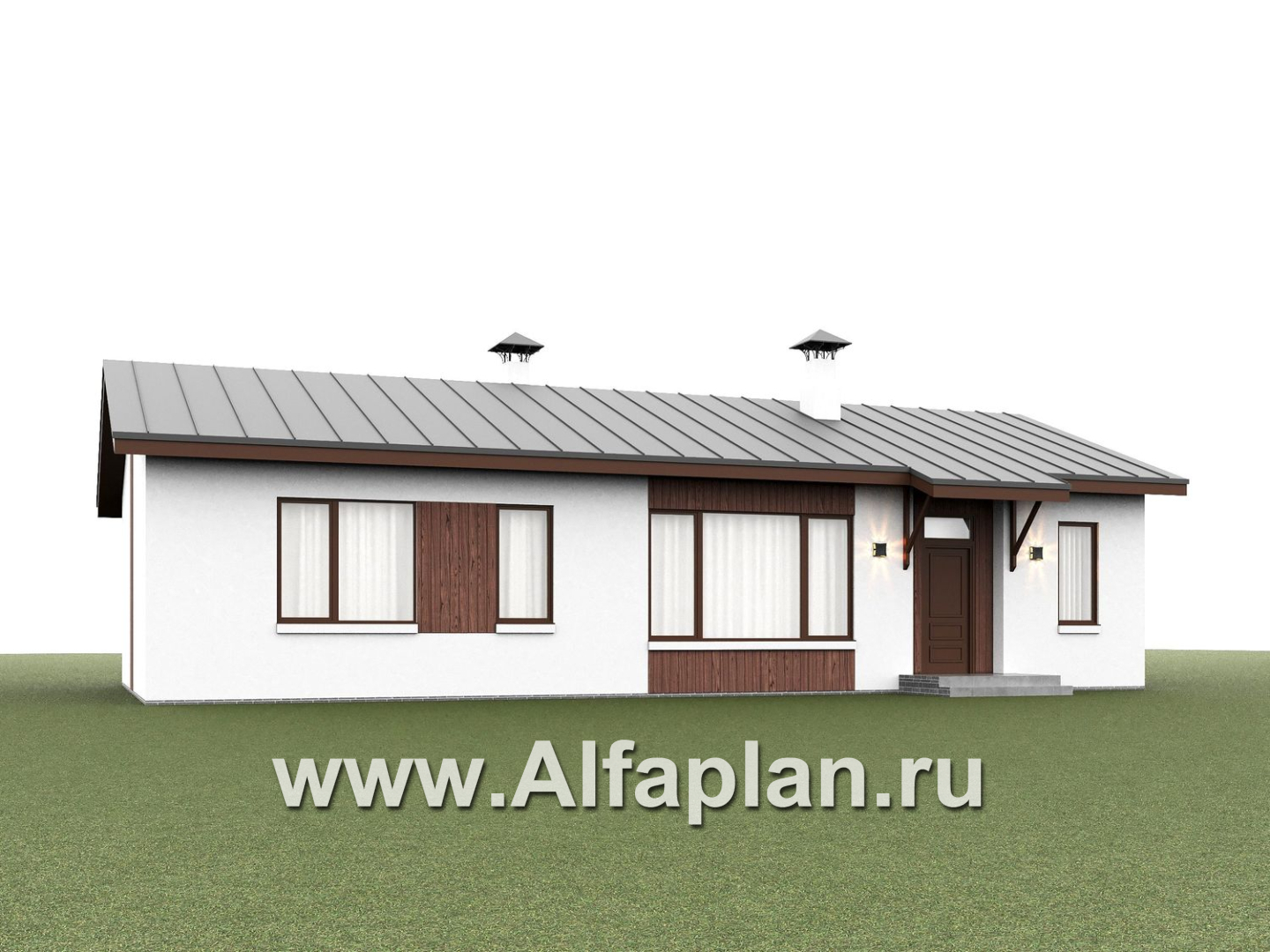 «Прозрачность» - проект простого одноэтажного дома из газоблоков, планировка 2 спальни и кабинет, гостиная с окнами с двух сторон, с террасой - дизайн дома №1