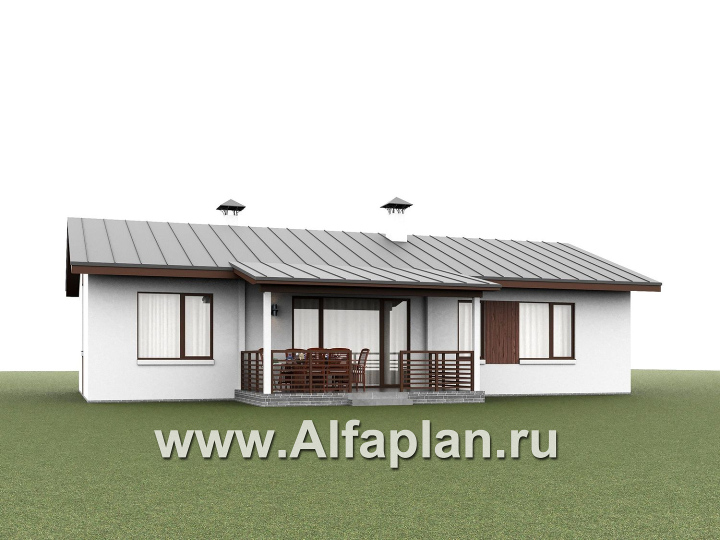 «Прозрачность» - проект простого одноэтажного дома из газоблоков, планировка 2 спальни и кабинет, гостиная с окнами с двух сторон, с террасой - дизайн дома №2