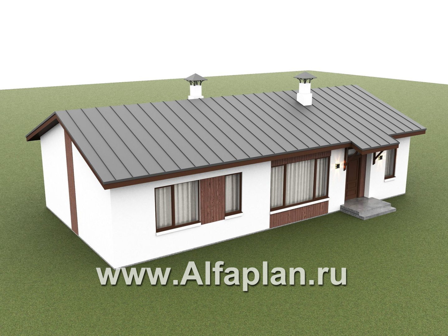 «Прозрачность» - проект простого одноэтажного дома из газоблоков, планировка 2 спальни и кабинет, гостиная с окнами с двух сторон, с террасой - дизайн дома №3