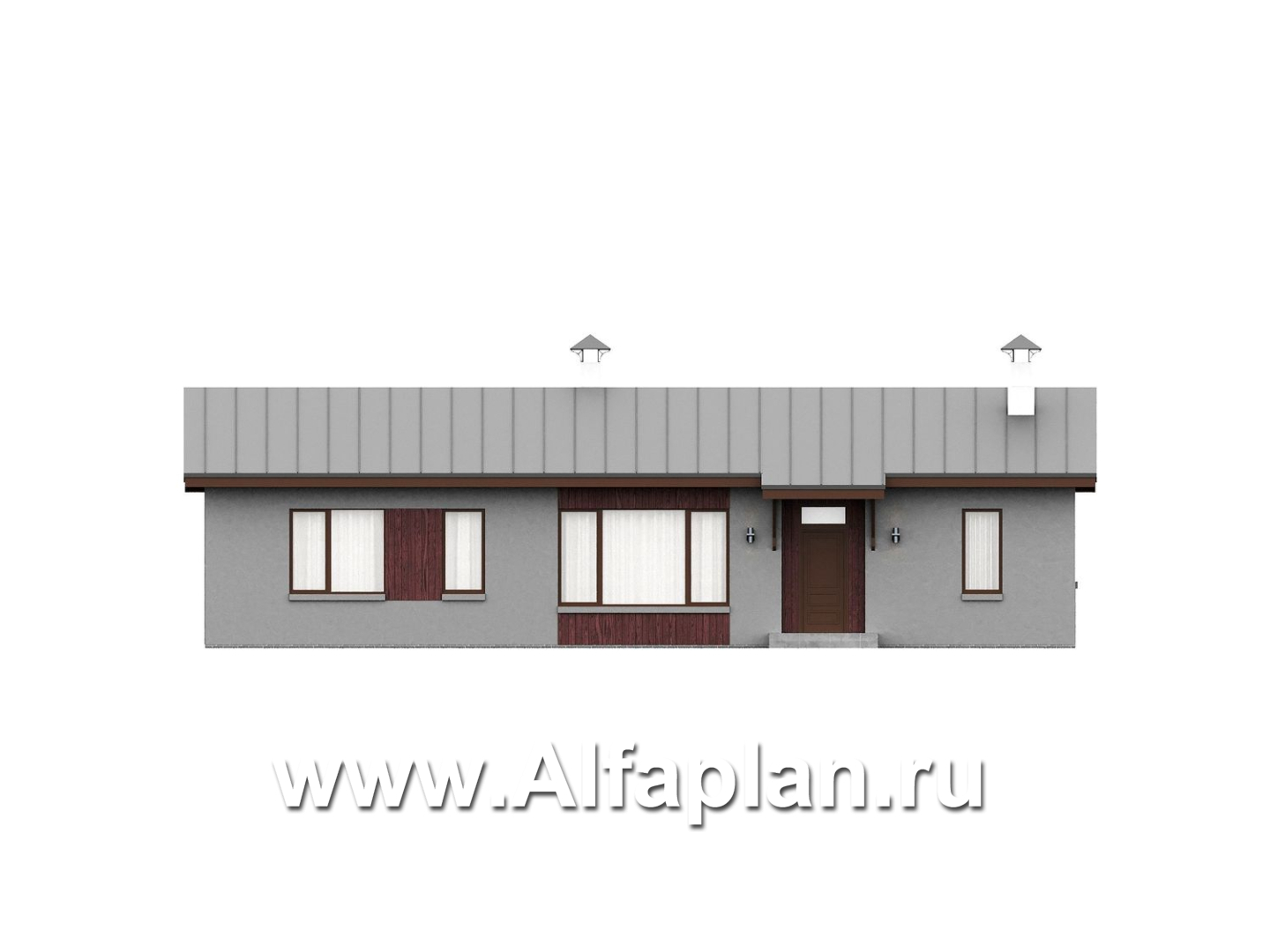 «Прозрачность» - проект простого одноэтажного дома из газоблоков, планировка 3 спальни (мастер спальня), гостиная с окнами с двух сторон, с террасой - фасад дома