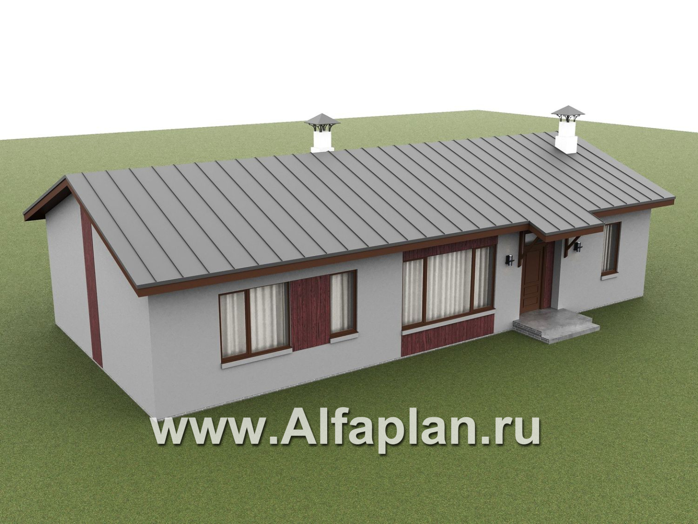«Прозрачность» - проект простого одноэтажного дома из газоблоков, планировка 3 спальни (мастер спальня), гостиная с окнами с двух сторон, с террасой - дизайн дома №3