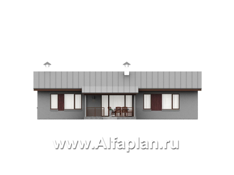 «Прозрачность» - проект простого одноэтажного дома из газоблоков, планировка 3 спальни (мастер спальня), гостиная с окнами с двух сторон, с террасой - превью фасада дома