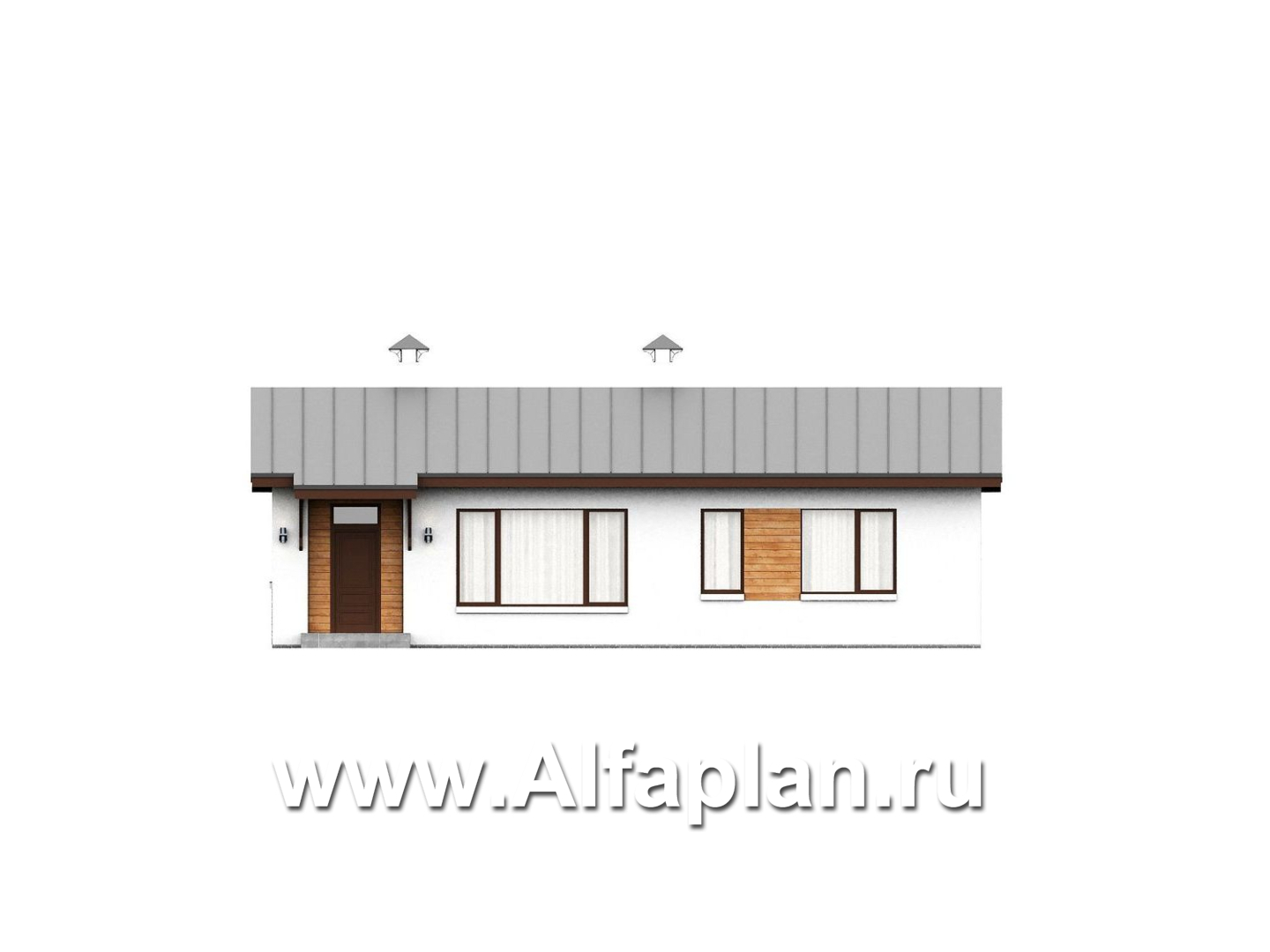 «Прозрачность» - проект простого одноэтажного дома из газоблоков, планировка 2 спальни, гостиная с окнами с двух сторон, с террасой - фасад дома