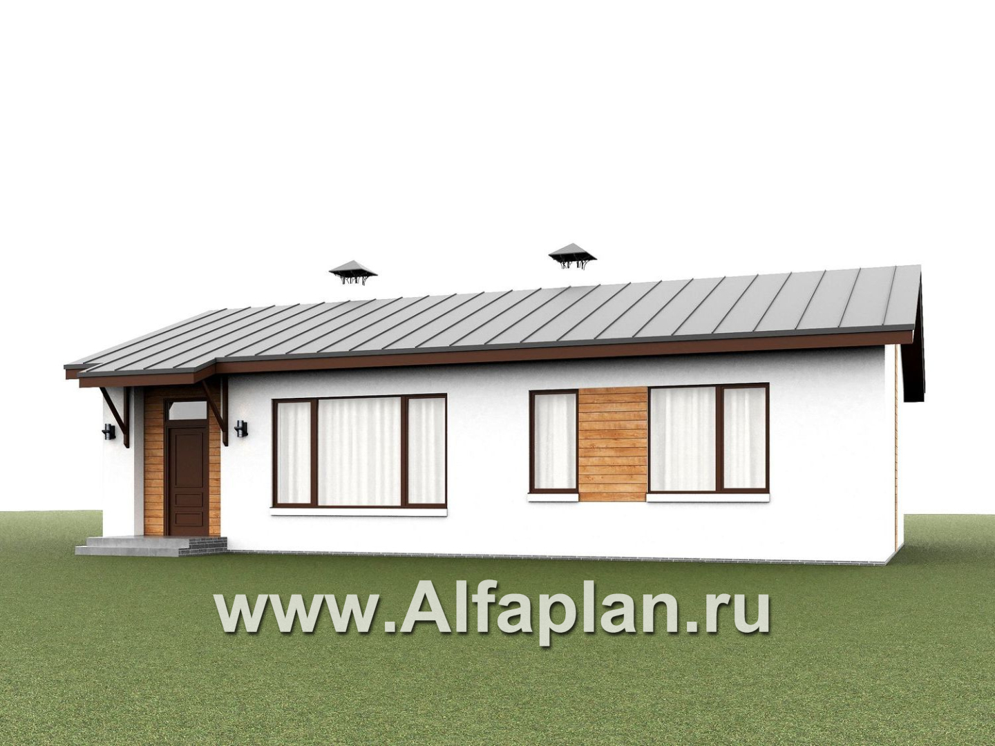 «Прозрачность» - проект простого одноэтажного дома из газоблоков, планировка 2 спальни, гостиная с окнами с двух сторон, с террасой - дизайн дома №1