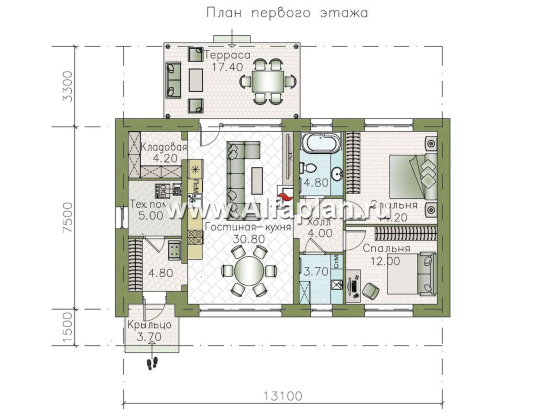«Прозрачность» - проект простого одноэтажного дома из газоблоков, планировка 2 спальни, гостиная с окнами с двух сторон, с террасой - превью план дома
